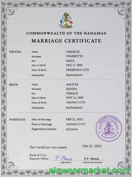 Bahamas marriage certificate PSD template